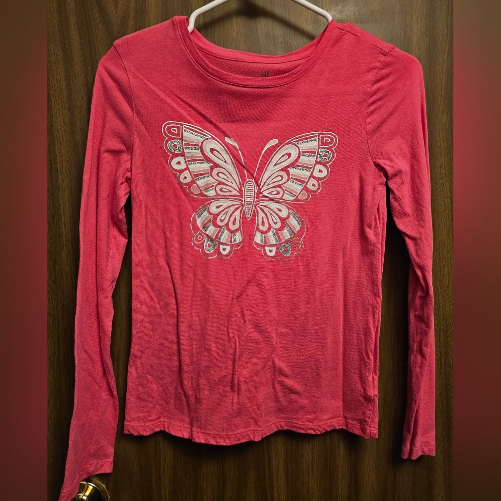 Gap Kids Silver & Pink Butterfly Print Shirt Long Sleeve XL